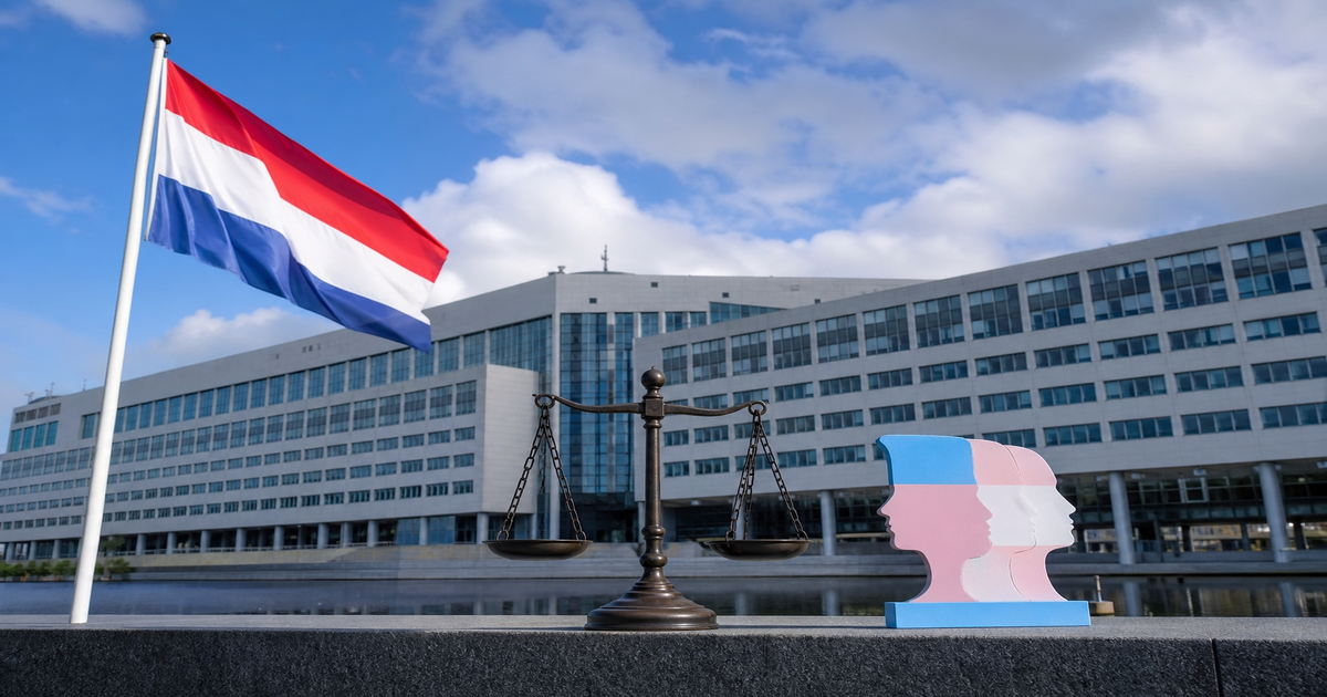 Nederlandse vlag en een weegschaal voor een overheidsgebouw, met een profiel in de kleuren van de transgendervlag.