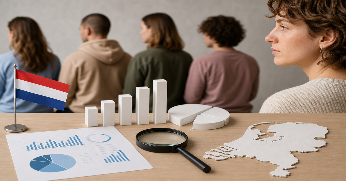 Cijfers over de Nederlandse transgenderzorg: staafdiagram, cirkeldiagram, een vergrootglas en een kaart van Nederland op een bureau.