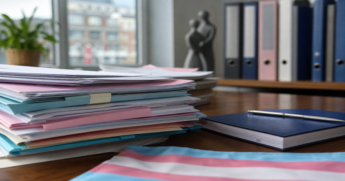 Een stapel dossiers en documenten op een bureau, met een transgendervlag en ordners op de achtergrond.