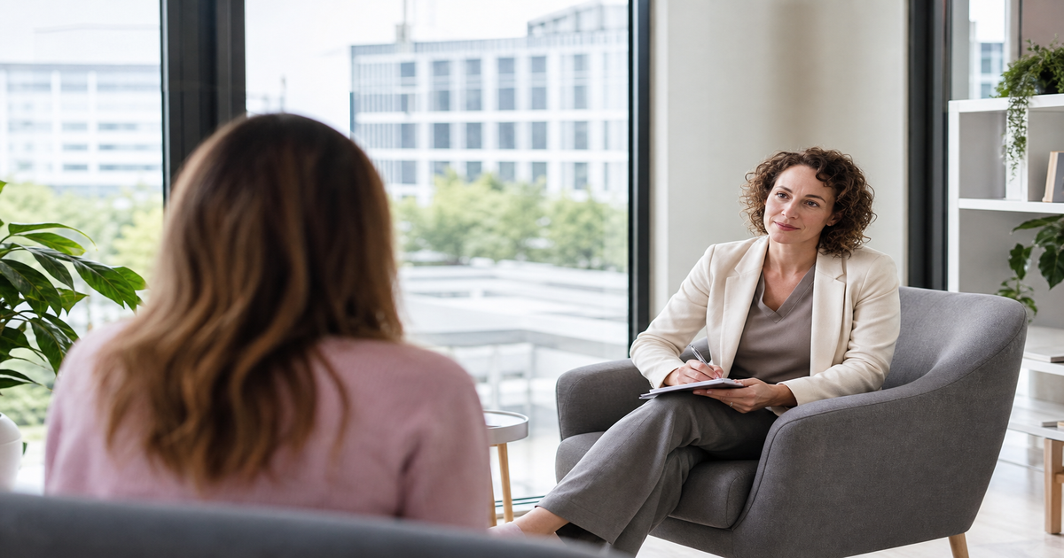 Consult in een genderkliniek: een behandelaar maakt aantekeningen tijdens een gesprek met een cliënt.